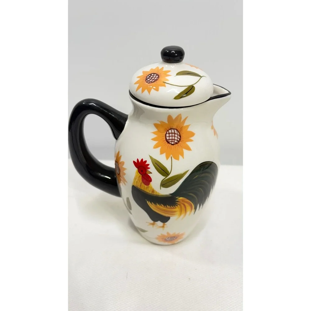 Casa Vero by ACK Hand Painted Rooster Sunflower Ceramic Pitcher with Lid 10 in